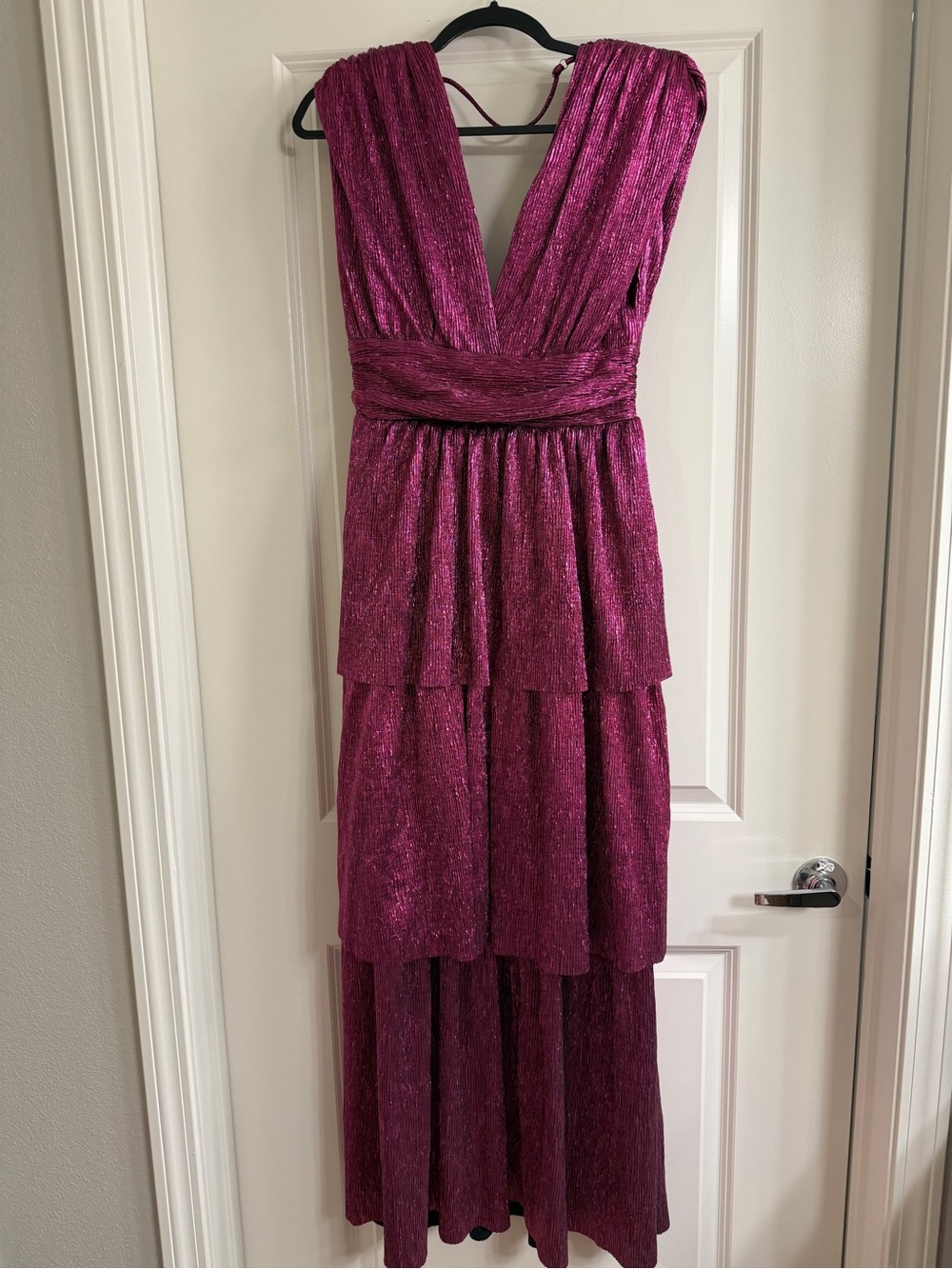 Plum Shimmer High-Low V-Neck Evening Dress